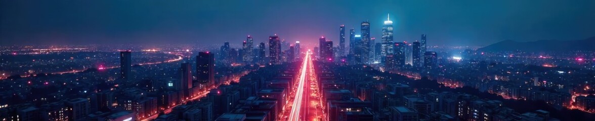 Futuristic cityscape at night, glowing network lines connecting buildings, illustrating seamless digital connectivity and innovative technological advancement , background, development