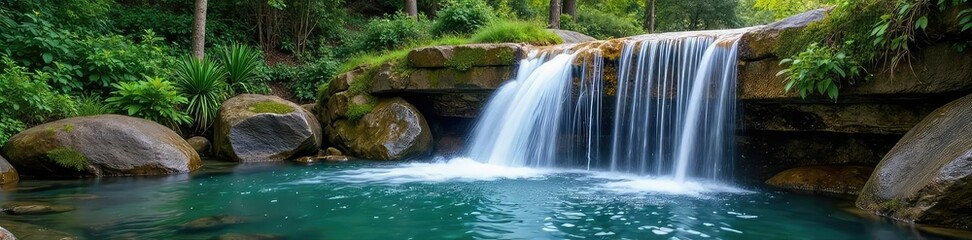 Obraz premium Serene cascading water features a stunning fountain waterfall, creating a mesmerizing display of nature's artistry Perfect for relaxation, spa, or nature-themed projects , outdoor, beauty