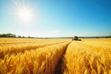Obraz premium Golden wheat field under a summer sun, ripe for harvest Golden stalks sway gently in the breeze, ready for the combine harvester Abundant crop, agricultural scene, rural landscape , yellow, stalks