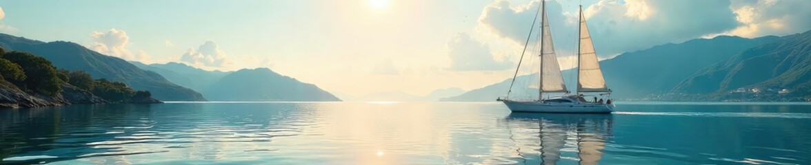 Fototapeta premium Serene sailboat at anchor in a calm bay, sunlight glistening on the water The boat gently rocks with the gentle waves, a peaceful scene of nautical leisure , horizon, anchor line, getaway