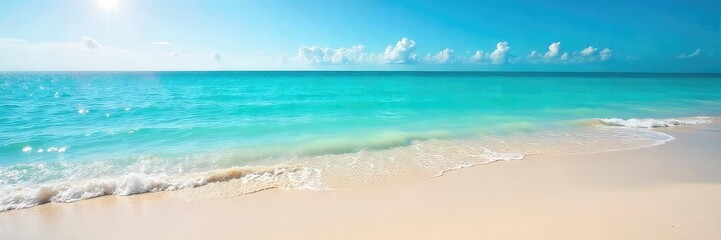 Idyllic summer seascape, sun-drenched beach, calm turquoise water, gentle waves lapping the shore, bright sunny day, perfect summer vacation scene , tranquil, waves, peace