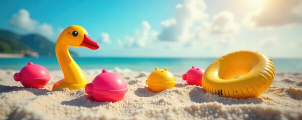 Joyful summer scene with vibrant inflatable toys scattered on a sunny beach, reflecting the carefree spirit of summer games and play , fun in the sun, toys, sun