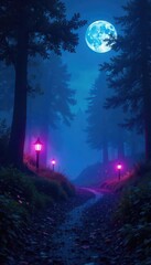 Naklejka premium Mysterious night scene, glowing objects illuminate the darkness Perfect for fantasy, mystery, or magical themes Deep blues and purples create an ethereal atmosphere , stars, supernatural