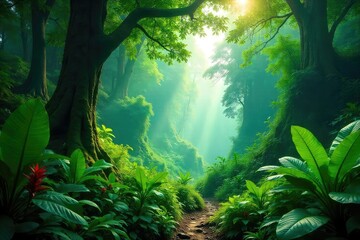 Fototapeta premium Lush green canopy of a Borneo rainforest, sunlight dappling through leaves onto the vibrant jungle floor Ancient trees, diverse flora, and a sense of untamed wilderness , Malaysia, vines