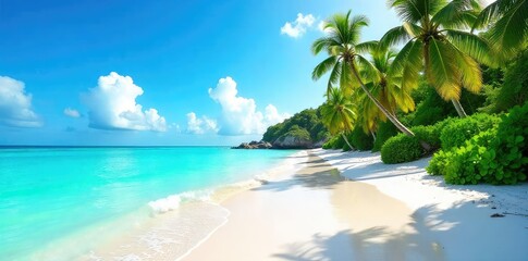 Lush tropical beach scene with vibrant turquoise water lapping the white sand shore, under a bright sunny sky Perfect for travel, vacation, and summer themed projects , serene, background, peaceful