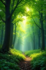 Obraz premium Lush green forest canopy, dappled sunlight filtering through leaves, vibrant undergrowth Tranquil nature scene, perfect for environmental or nature-themed projects , greenery, deep green