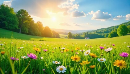 Fototapeta premium Sun-drenched meadow in summer, wildflowers in bloom, vibrant green grass, idyllic landscape, peaceful scene, perfect for nature themes , natural beauty, ecology