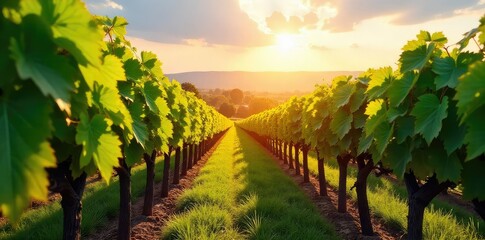 Naklejka premium Sun-drenched rows of grapevines stretching to the horizon, lush green leaves and ripening grapes in a picturesque vineyard A classic image of wine country serenity , berries, autumn