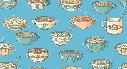 Fototapeta premium Soup Bowls Seamless Pattern: Colorful, Cozy, and Culinary