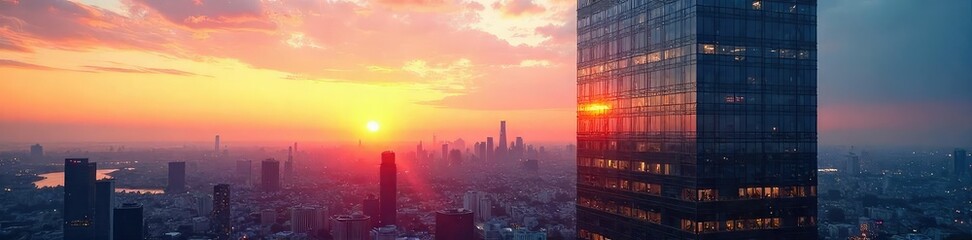 Modern glass skyscraper office building reflecting the city skyline at sunset Stunning architecture, urban landscape, corporate headquarters, business district , office, city, building