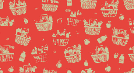 Grocery Basket Pattern: Red and Beige Food Illustrations