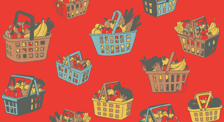 Groceries Galore: Shopping Basket Pattern on Red