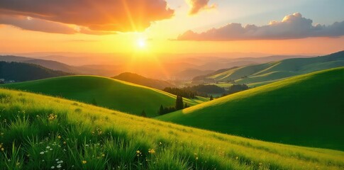 Fototapeta premium Serene vista of a rolling green hill landscape, bathed in the golden light of sunset Perfect for travel, nature, and environmental themes , scenic view, colors