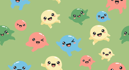 Fototapeta premium Cute Kawaii Cartoon Characters Seamless Pattern