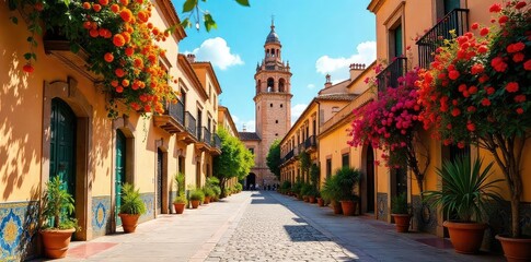 Obraz premium Sun-drenched Seville streets, vibrant orange blossoms, intricate tilework, and the majestic Giralda tower A quintessential Andalusian scene brimming with history and beauty , patterns, architecture