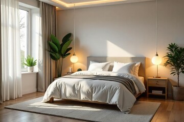 Cozy and inviting bedroom, perfect for relaxation and rest Soft lighting, plush bedding, and a calming atmosphere create a serene space , family, style, plush