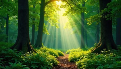 Sunlight dapples through the canopy of a lush forest woodland, illuminating the vibrant green undergrowth and ancient trees A peaceful scene of nature's tranquility , earth, calm, spring