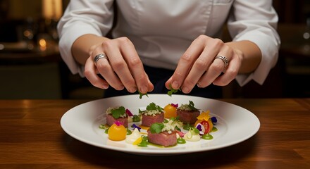 Naklejka premium Chef Garnishing Tuna Tataki Dish: Fine Dining, Culinary Arts, Food Presentation