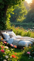 Serene outdoor bed nestled amongst wildflowers and lush greenery, bathed in soft sunlight Perfect for relaxation and escape , outdoors, blue, garden bed