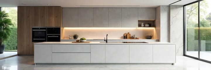 Sleek minimalist kitchen design featuring clean lines, integrated appliances, and a marble countertop Perfect for modern home d?cor inspiration , faucet, pendant lights, storage