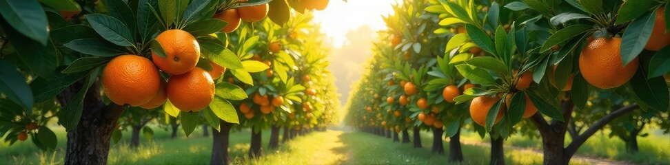 Obraz premium Sun-drenched grove of orange trees, vibrant citrus fruits hanging heavy on branches, lush green foliage, dappled sunlight filtering through leaves, peaceful idyllic scene , autumn, trees