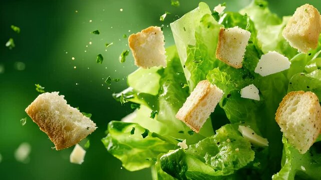 Caesar salad ingredients flying and floating