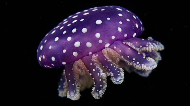 Purple jellyfish with white spots against a black background