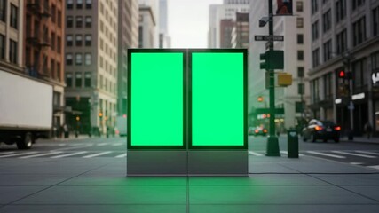 Dual vertical digital billboards with green screens in urban street intersection at dusk, ideal for advertising mockups and futuristic outdoor marketing animations

