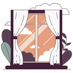 A window with white curtains and a cross hanging from it. The curtains are drawn, and the window is open, letting in a cool breeze. The scene is peaceful and serene, with the cross symbolizing hope