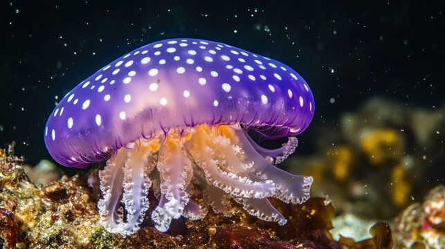 Purple jellyfish with polka dots in dark ocean - Powered by Adobe
