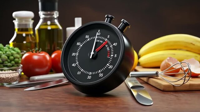 A stopwatch surrounded by fresh ingredients on a kitchen countertop.