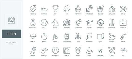 Outline symbols of gym equipment, balls for basketball and football, volleyball and baseball, kayaking and yoga collection. Sport training, hobby thin black and red line icons set vector illustration