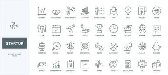 Direction arrow for success and development, light bulb, puzzle and trend idea, savings deposit and investment thin black outline symbols vector illustration. Business startup line icons set.