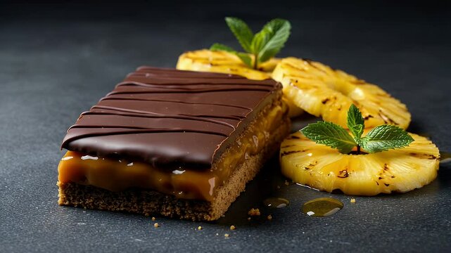 Chocolate caramel cake with grilled pineapple dessert
