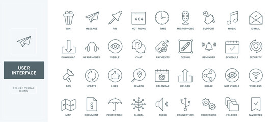 Pin location on map and support tools, share audio and music, email and social media like thin black outline symbols vector illustration. Online service line icons set for mobile app.