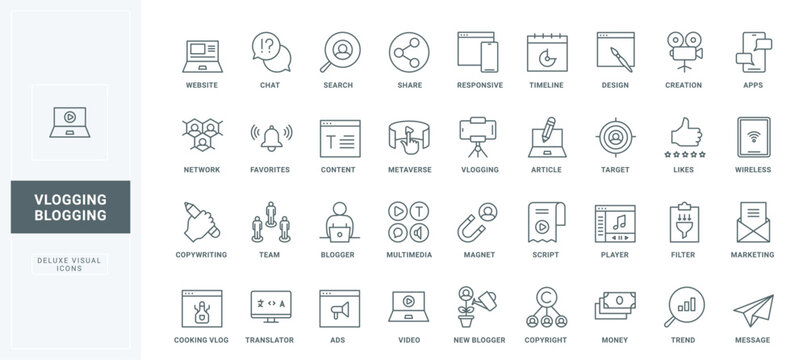 Internet trends thin black outline symbols vector illustration. Creation of video and article, responsive interface design to blog content, copyright protection to make money line icons set.