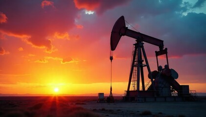 A drilling rig silhouetted against a dramatic sunset, powerful machinery extracting natural gas from the earth The scene showcases the scale and impact of energy production , earth, oil rig
