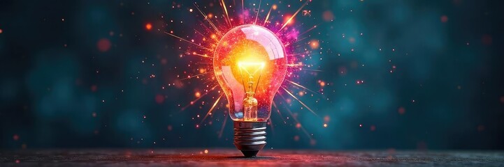 A lightbulb explodes with vibrant, colorful ideas, radiating outwards in a burst of creative energy Perfect for concepts of innovation, inspiration, and brainstorming sessions , explosion, flash
