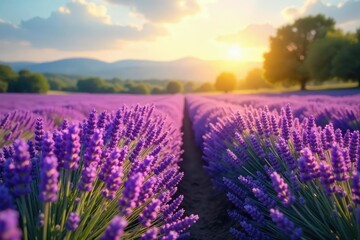 Obraz premium A serene scene of lavender fields bathed in sunlight, conveying peace, tranquility, and spiritual connection Perfect for relaxation, meditation, and wellness imagery , summer, spa, vibrant