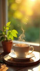 A steaming cup of tea sits on a cozy table next to a window, sunlight streaming in, creating a warm and inviting atmosphere of tranquility and comfort , comfort, sunlight