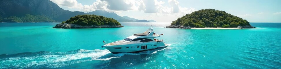 Fototapeta premium A sun-drenched yacht glides across turquoise waters, surrounded by idyllic islands Perfect for travel, luxury, escape, and summer vacation themes , wealth, serene