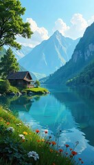 Fototapeta premium A serene lakeside scene featuring a solitary dwelling nestled amongst tranquil waters and lush greenery Perfect for illustrating peace, tranquility, and escape to nature , reflection, residence