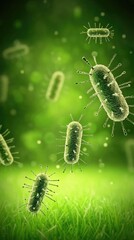 Fototapeta premium Microscopic entities float against a bokeh green backdrop with grassy foreground