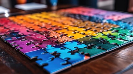 Fototapeta premium Assembled jigsaw puzzle of rainbow gradients on wooden table, up close & partially in focus