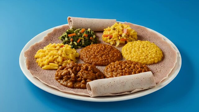 Ethiopian food rotating on plate