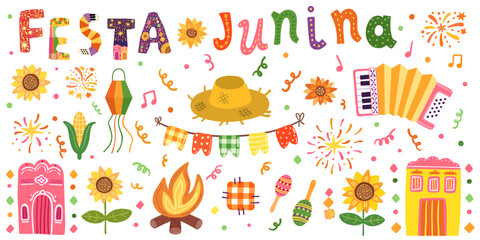 Festa Junina Vector Set with Text and Festive Graphics - Sunflower, Straw Hat, Bunting, Accordion, Corn, Brazilian Festival Illustrations