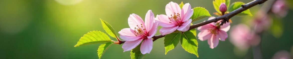 Fototapeta premium Close-up of a blossoming branch, delicate pink flowers and vibrant green leaves, symbolizing healing and renewal Perfect for health, wellness, and spring themes , blossom, fragile, flourishing