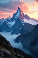 Majestic mountain peak shrouded in mist, dramatic rocky landscape, breathtaking alpine scenery, sunrise over towering cliffs , majestic, elevation, tranquil