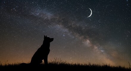 Dog Silhouette Under Night Sky with Milky Way and Crescent Moon - Dark Night Photography