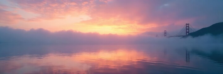 Fototapeta premium Misty morning on the San Francisco Bay, fog rolling in over calm water, dramatic sky, early light , mist, morning